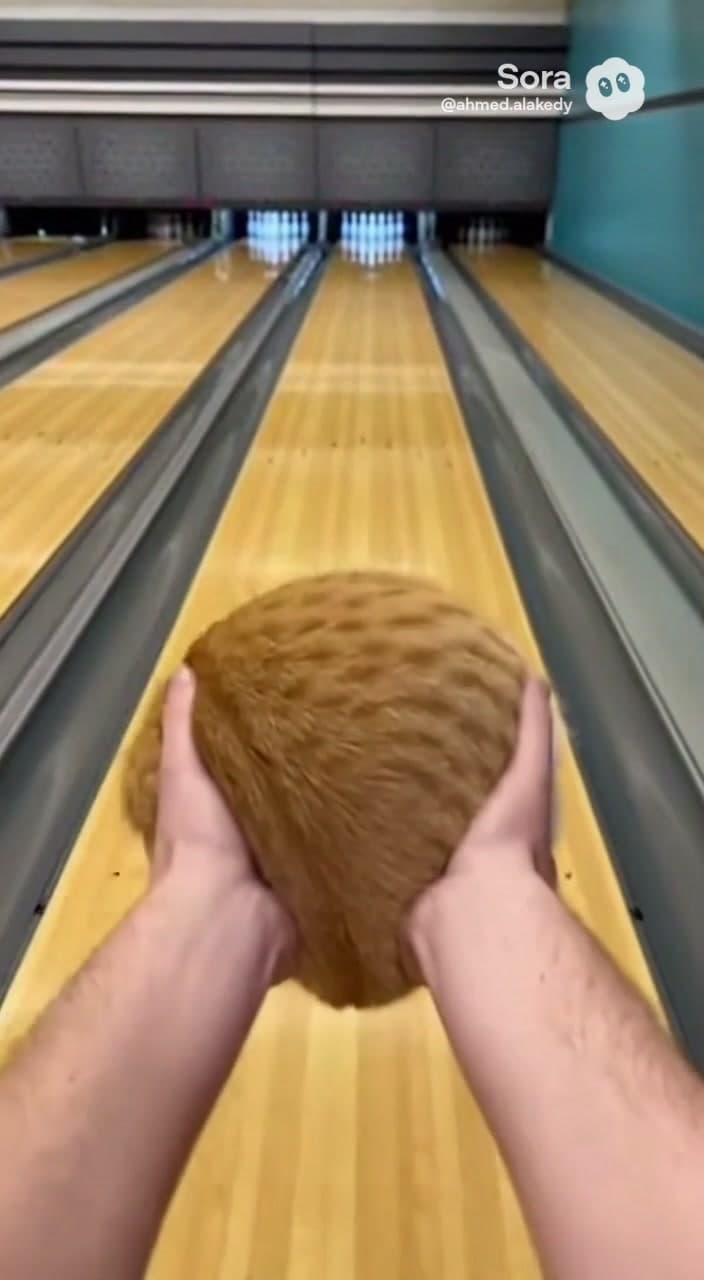 A first-person perspective video of a bowling alley lane. A person's hands are holding an orange ginger cat like a bowling ball. The setting is a standard bowling alley with wooden lanes and white pins in the distance. The lighting is bright and typical of an indoor bowling alley.

[TECHNICAL DETAILS]:
Camera Shot: First-person POV shot, tracking the movement of the 'ball' down the lane.
Mood: Humorous, absurd, and lighthearted.

[ACTIONS]:
1. A person holds an orange cat with both hands, positioned as if ready to throw a bowling ball.
2. The person releases the cat onto the wooden bowling lane.
3. The cat slides down the center of the lane toward the pins.
4. The cat slides past the bowling pins, scattering them in different directions.
5. The cat continues to slide under the back structure of the bowling lane.
6. The camera follows the cat as it slides, showing a low-angle perspective as it approaches and knocks over the pins.

[DIALOGUE]:
"[Ambient bowling alley sounds: the sound of a ball rolling on wood, the crashing sound of pins being hit, and faint background noise of the bowling alley.]"