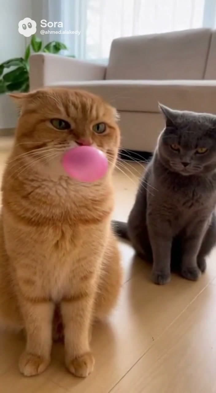 An indoor living room setting with light-colored wooden floors, a beige sofa in the background, and a bright window to the side. Two cats are sitting on the floor: a ginger Scottish Fold cat in the foreground and a grey British Shorthair cat to its side. The lighting is soft and natural, coming from the window. The ginger cat is blowing a large pink bubblegum bubble that eventually pops on its face, followed by a playful, sudden outburst of energy between the two cats.

[TECHNICAL DETAILS]:
Camera Shot: Eye-level, medium close-up shot of the two cats. The shot is static until the action escalates, then it follows the movement.
Mood: Humorous, playful, and energetic.

[ACTIONS]:
1. The ginger cat slowly blows a pink bubble with bubblegum until it expands to cover most of its face.
2. The grey cat sits watching the ginger cat calmly.
3. The bubble pops loudly, leaving pink gum residue on the ginger cat's nose and fur.
4. The ginger cat shakes its head slightly to remove the gum.
5. The ginger cat suddenly pounces on the grey cat, initiating a playful wrestling match.
6. The two cats tumble and roll across the floor together.

[DIALOGUE]:
"Sound of bubblegum expanding."
"A sharp 'pop' sound effect as the bubble bursts."
"Ambient living room silence, followed by playful cat scuffling sounds."