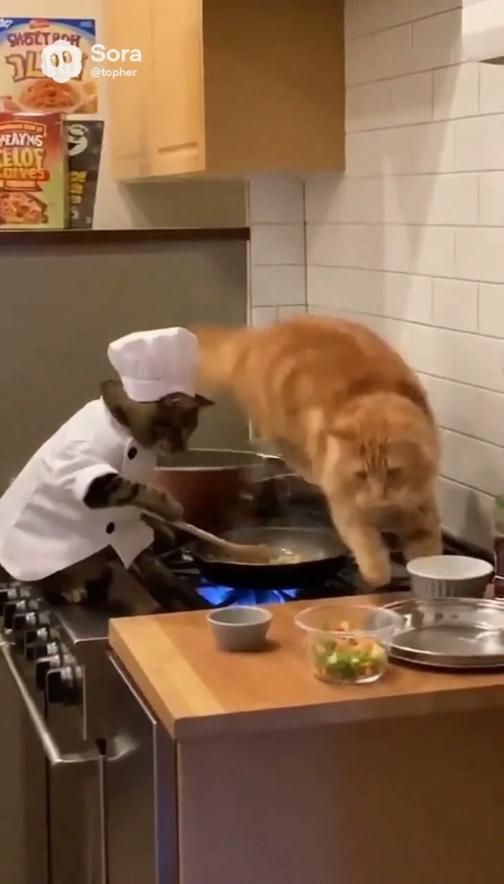 A chaotic and humorous scene in a residential kitchen where two cats are 'cooking.' One tabby cat, wearing a white chef's hat and coat, is standing on the stove, stirring food in a pan. Suddenly, a large, fluffy orange cat jumps onto the scene from above, causing a flame to erupt from the pan. The two cats then engage in a frantic, wrestling-like scuffle, tumbling from the kitchen counter onto the wooden floor, with the chef's hat flying off in the process. The kitchen has modern white tiled walls, wooden cabinets, and a gas stove.

[TECHNICAL DETAILS]:
Camera Shot: Medium shot, fixed position, capturing the action at eye level with the stove surface.
Mood: Slapstick, chaotic, and comedic.

[ACTIONS]:
1. The chef cat stirs a pan on the gas stove.
2. The orange cat leaps from above onto the counter.
3. A large flame ignites in the frying pan.
4. The two cats grapple and wrestle with each other.
5. The cats tumble off the stove and onto the kitchen floor.
6. The chef's hat falls off during the tumble.

[DIALOGUE]:
"[Ambient kitchen sounds: the hiss of a gas stove burner and the scratching of cat paws on wood.]"