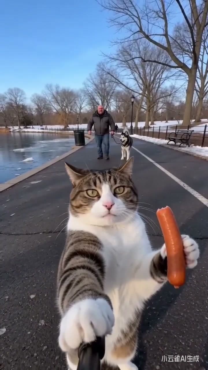 A comical first-person perspective video of a tabby cat holding a selfie stick, standing in a park near a partially frozen pond. The cat is holding a sausage in one hand and the selfie stick in the other, filming itself while a man walking his husky in the background approaches. The scene is brightly lit with natural daylight, revealing a park setting with bare trees, a city skyline in the distance, and the icy water of the pond.

[TECHNICAL DETAILS]:
Camera Shot: First-person perspective, selfie-style, handheld shaky motion, dynamic tracking as the cat captures its surroundings.
Mood: Humorous, chaotic, and absurd.

[ACTIONS]:
1. The cat stands in the foreground, looking into the camera while holding a selfie stick and a sausage.
2. A man and his husky approach the cat from the background, walking toward the frozen pond.
3. The man shouts at the cat to stop taking photos and move out of the way.
4. The husky runs onto the icy pond, which cracks under the dog's weight.
5. The man chases the husky onto the ice, and both fall into the freezing water with a splash.
6. The cat remains in the foreground, holding its pose and making a laughing expression as the man and dog are in the water.

[DIALOGUE]:
"Man's voice: 'Hey cat, stop taking selfies and get out of the way!'"
"Man shouting: 'No, no, no, no!'"
"[Sound of splashing water]"
"Cat making a laughing or chuckling sound."