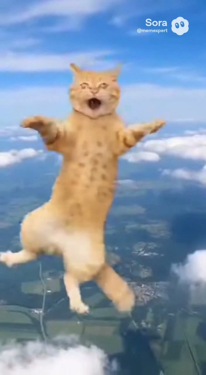 A surreal and humorous sequence beginning with an orange tabby cat skydiving through a bright, sunny sky above clouds and a green landscape. The cat has a panicked expression with wide eyes and an open mouth. The scene then abruptly transitions to a cozy, dimly lit bedroom at night, where the same cat is lying on a bed with a soft blue blanket, looking startled and blinking as if just waking up from a dream.

[TECHNICAL DETAILS]:
Camera Shot: The first segment is a dynamic, high-angle close-up following the cat's descent. The second segment is a static, eye-level shot inside a bedroom.
Mood: Surreal, humorous, and dreamlike.

[ACTIONS]:
1. The orange cat falls through the sky, limbs flailing, with a shocked facial expression.
2. The camera zooms in slightly on the cat's face mid-air.
3. The video abruptly cuts to a dark bedroom.
4. The cat is lying on a bed, looking around, blinking, and appearing surprised or disoriented.

[DIALOGUE]:
"[Sound of wind rushing as the cat falls through the air]"
"[Sound of a soft, startling meow or chirping noise when the scene shifts to the bedroom]"