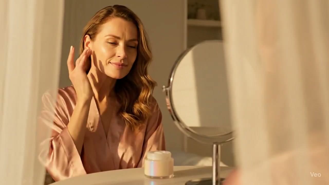 Create a luxurious cinematic beauty ad in three continuous phases over 8 seconds. Start with a tight close-up of a graceful mature woman seated at an elegant vanity in warm early-morning light. She examines fine lines near her eyes and mouth, then lifts a glowing glass wrinkle-cream jar with curiosity. Use an 85mm beauty lens look, creamy bokeh, and 24fps.

From 3s to 6s, show her applying the cream in slow, circular fingertip strokes. Add subtle magical shimmer that follows her touch, with fine glowing particles naturally absorbing into her skin. Keep skin texture realistic and natural.

From 6s to 8s, softly pull back for the final reveal. All wrinkles must be completely gone by the 8-second mark. Her skin should glow naturally as she smiles gently into the mirror.

Lighting should be warm and flattering through sheer curtains, with soft highlights on cheekbones and brow. Keep the tone luxurious, magical, and age-positive. Include soft orchestral shimmer music, delicate ambient morning air, and a subtle glissando when wrinkles fully fade. No logos, no branding, no voiceover, no text overlays, and no artificial/plastic skin look.