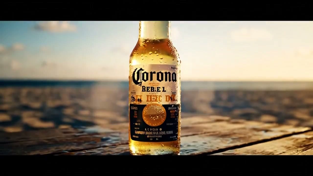 Create a cinematic magical-realism beach transformation ad. Start with a close-up of a cold Corona bottle covered in dew on a weathered beach table at sunset.

The bottle hums and vibrates, then the cap pops in slow motion. As it opens, the entire beach party world unfolds from the bottle: palm trees rise, string lights assemble themselves, speakers build in mid-air, sand reshapes into a dance floor, and a DJ booth forms from driftwood. Add crowd materialization, fire pit ignition, and surfboard signage.

Camera starts close, then zooms out and cranes overhead as the scene expands. Lighting transitions from golden-hour sunset to vibrant nighttime party glow.

End with the Corona bottle in the foreground and a full beach rave in motion behind it. Keep the pacing dynamic and cinematic with seamless time-lapse-style assembly. No text overlays.