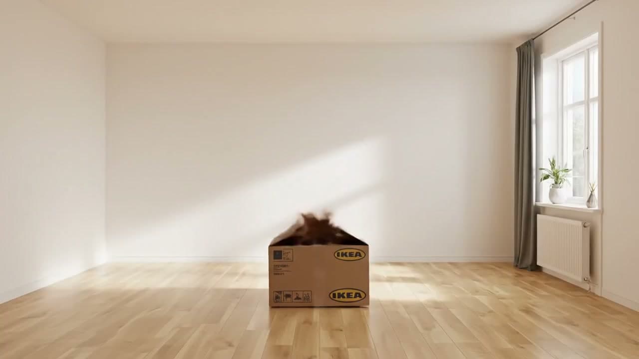 room_description: "An empty, large, sunlit Scandinavian room with white walls and light wood floors."
camera_setup: "A single, fixed, wide-angle shot. The camera does not move for the entire 8-second duration."
key_elements:
  - "A sealed IKEA box with logo visible"
assembled_elements:
  - "bed with white duvet"
  - "yellow IKEA throw blanket"
  - "bedside tables"
  - "lamps"
  - "wardrobe"
  - "shelves"
  - "mirror"
  - "art"
  - "rug"
  - "curtains"
  - "potted plants"
negative_prompts: ["no people", "no text overlays", "no distracting music"]

timeline:
  - sequence: 1
    timestamp: "00:00-00:01"
    action: "In the center of the otherwise empty room, a sealed IKEA box sits on the floor and begins to tremble gently."
    audio: "Low, subtle rumbling sound. The echo of a large, empty room."

  - sequence: 2
    timestamp: "00:01-00:02"
    action: "The box seams burst open with a puff of cardboard dust."
    audio: "A sharp 'POP' sound, followed by tearing cardboard."

  - sequence: 3
    timestamp: "00:02-00:06"
    action: "Hyper-lapse: From the fixed wide perspective, furniture pieces fly out of the box and assemble themselves, creating all the items from the 'assembled_elements' list."
    audio: "A cascade of satisfying, fast-paced ASMR sounds: whirring, clicking, wood snapping into place."

  - sequence: 4
    timestamp: "00:06-00:08"
    action: "The final piece—the yellow throw blanket—gracefully lands on the newly formed bed. The room is now perfectly furnished and serene. All motion ceases."
    audio: "All chaotic sounds stop. A single, soft 'fwoomp' as the blanket lands. The sound of a furnished, quiet room."