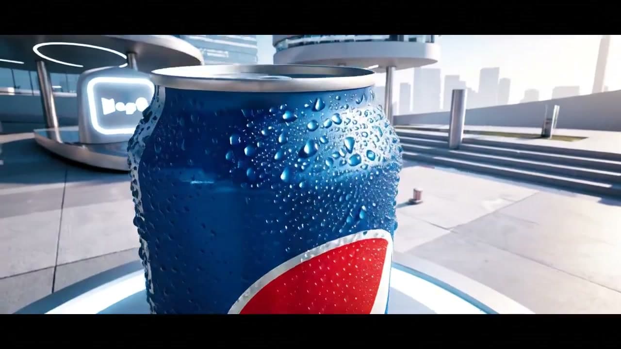 Create a cinematic transformation ad centered on a cold Pepsi can in a minimal high-tech city plaza. Start with an ultra close-up of condensation dripping from the can while the Pepsi logo softly pulses.

In slow motion, the tab clicks open and liquid light spirals out from the opening. This triggers a city-wide chain reaction: skyscrapers light up with giant LED visuals, a holographic stage assembles in mid-air, AR-equipped crowds materialize and start dancing, and the ground becomes a glowing rhythm-synced grid. Add drones releasing confetti and laser beams, with dynamic screen transitions and virtual fireworks.

Camera movement should begin ultra close, then zoom out and orbit as the world transforms in real time. Lighting should evolve from daylight into vibrant neon blue/red/purple cyber-festival glow.

End with the Pepsi can in the foreground and the fully transformed futuristic festival city behind it, pulsing with music and light. Keep everything energetic, magical, and cinematic. No text overlays.