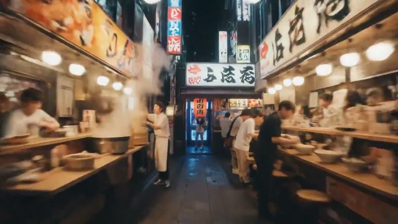 Continuous single take, camera tilting, rolling, flying through a narrow alley in Shinjuku, Tokyo. Neon kanji signs flicker overhead, steam rises from ramen stalls, chefs slice pork and toss noodles into boiling broth. Camera glides past diners slurping, dives through a paper lantern into a karaoke bar—inside, someone sings J-pop under blue strobe lights. Camera somersaults through the mic into an underground arcade, claw machines flashing, retro game sounds blipping, teens cheering. No cuts, impossible camera moves, seamless transitions, energetic and cinematic. 8K high definition