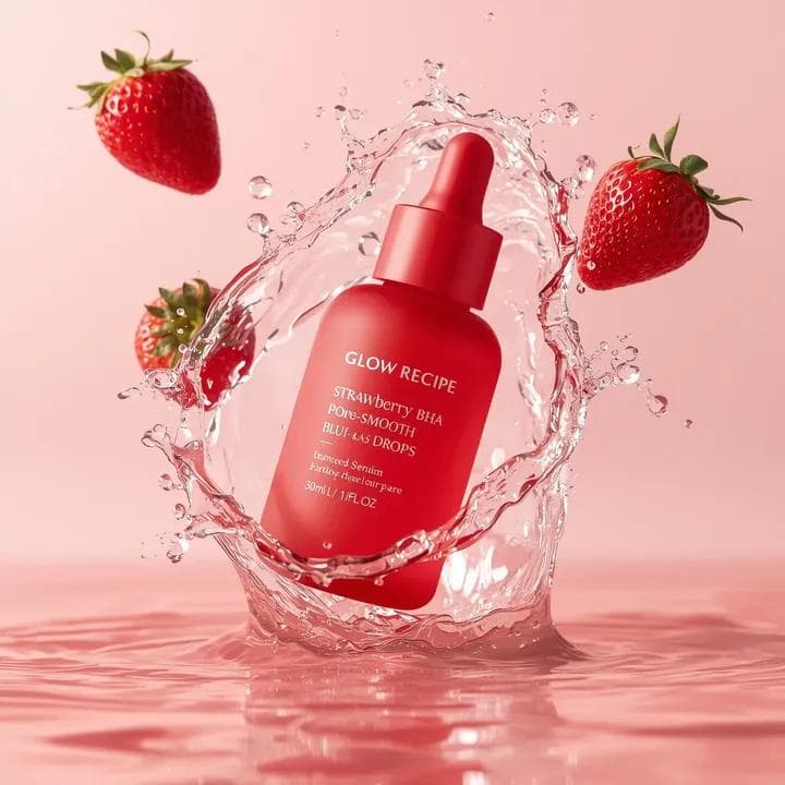 Ultra-realistic luxury skincare advertising photography, a frosted {argument name="bottle color" default="red"} glass bottle labeled “Glow Recipe – Strawberry BHA Pore-Smooth Blur Drops – Serum (30 ml / 1 fl oz)” floats slightly tilted in mid-air. The bottle has a smooth matte frosted finish and features a softly rounded cap that blends into the base. A crystal clear water flow dynamically flows through the bottle and splashes from the back of the bottle, solidifying in mid-air, with water droplets suspended and smooth curves surrounding the product. Fresh whole strawberries, with vibrant red skin, clearly visible seeds and green leaves, float around the bottle, partially intertwined with splashes of water to emphasize freshness and ingredient inspiration. The background is a clean pastel {argument name="background color" default="pink"} studio background that brings out the red tones of the bottle and fruit. The lighting is bright studio lighting, with clear highlights on the water and subtle reflections on the frosted glass texture.

The compositions are vibrant and fresh, delivering a fruit-infused skincare aesthetic, with shallow depth of field, ultra-realistic textures, glossy water dynamics, and modern cosmetics ad-style, ultra-detailed 8K product photography.