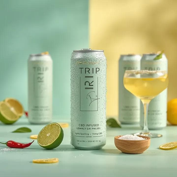Ultra-realistic beverage advertising photography featuring a tall aluminum can marked "{argument name="drink name" default="TRIP – CBD Infused – Lemon Basil Lightly Sparkling with 15mg CBD"}" in the center of the frame, standing upright on a soft mint green surface. The can has a soft matte light green finish, with minimalist fonts and thin-line illustrations printed on the front, and the surface is covered with fresh condensation drops, emphasizing the cool and refreshing feeling. Cocktail-style elements surround the can, including a fresh lime wedge, a red chili pepper and a small wooden bowl filled with kosher salt. The composition is surrounded by elegant saucer cocktail glasses containing a pale yellow citrus drink, one with a salt rim, and a few blurred TRIP cans in the background. The ambient backdrop is a dreamy pastel gradient of colors, transitioning from mint green to soft yellow, creating a vibrant summer cocktail aesthetic. The lighting is bright studio lighting, with soft light reflecting off the aluminum cans and glassware, enhancing the refreshing ambience of the drinks. The entire composition feels modern, playful, and editorial, using shallow depth of field, vibrant pastel tones, ultra-realistic textures, commercial drinks campaign style, and ultra-detailed 8K product photography.