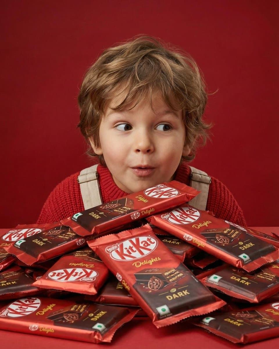 An adorable little girl with short black hair and bangs, smiling, holding a {argument name="chocolate bar color" default="red"} colored KitKat Dark chocolate bar in her hand, covering one eye and resting her cheek on her hand, wearing a cozy red-beige patterned winter sweater. The background and table are a solid bright {argument name="background color" default="red"} color. On the table in front of her were several KitKat bars. Soft studio lighting, vibrant colors, commercial food advertising style, surreal photography, sharp focus, high detail, 50mm lens, shallow depth of field, professional product photography, centered composition.