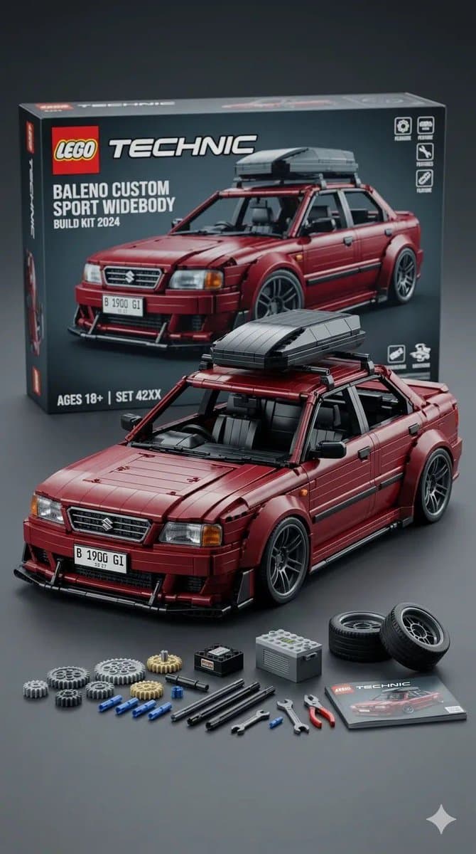 Ultra-detailed LEGO Technic style vehicle model studio product rendering, based exactly on the next uploaded reference photo. LEGO models must be constructed entirely from realistic LEGO Technic parts and panels while replicating the exact shape, proportions, body lines, color scheme, headlights, grille design, wheels and overall silhouette of the real vehicle.
The vehicle is displayed in a clean and professional photography studio environment, resting on a smooth matte surface. At the rear of the car is a large LEGO Technic product box, slightly blurry but clearly legible, indicating that it is a high-end building kit.
The vehicle maintains the same design cues as the reference vehicle, with aggressive wide styling, large sporty wheels, a low stance, a subtle front spoiler, and a roof trunk built from LEGO parts.
A table in the front of the vehicle is neatly arranged with LEGO Technic parts and tools, including small tires, axles, connectors, battery modules, connecting rods, mechanical parts, scissors and micro-assembly tools, arranged like a building kit.
The lighting uses soft, cinematic studio lighting, with subtle reflections on the LEGO plastic surface, ultra-clear details, shallow depth of field, and realistic shadows, presenting a high-end commercial product photography style.
Composition: Heroic perspective, shot slightly from the front and side, emphasizing the shape of the vehicle and the mechanical LEGO structure.
Ultra-realistic materials, crisp textures, ultra-detailed LEGO plastic surfaces, and ray-traced reflections.
8K resolution, ultra-clear, photorealistic rendering, cinematic lighting, professional product shooting
