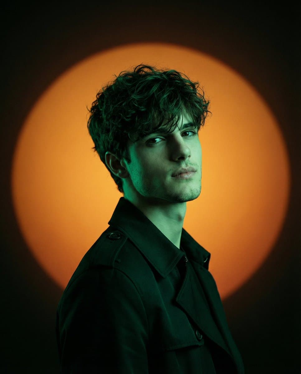 Using a photo of the person as a reference for identification, create a minimalist, film-style fashion editorial studio portrait using dramatic colored gel lighting: framed from mid-torso to head, with plenty of negative space above and the subject positioned slightly to the left. Pose: shoulders at a 3/4 angle, head turned toward camera, chin slightly raised. Expression: calm, cool, slightly distant, lips slightly parted, eyes relaxed and focused, with a refined, camera-ready, and striking fashion presence. Clothing: clean structured trench coat or minimalist coat with wide lapels and epaulette detail, no logo, no jewelry. Lighting: strong saturated emerald gel key light from camera right/front right (-5200K on green gel base color), enveloping face and coat, far side deeply blended into shadow, camera left with very soft low-intensity fill. Background: a large circular "sun" spotlight/soft shadow centered on the head with a smooth radial gradient - a bright amber core (#FF8A00) fading into deep burnt orange (#C43412), then transitioning to a warm brown edge near black (#120408), perfectly clean and texture-free. Optics: 85mm portrait lens effect, 1/2-1/2.8 shallow depth of field (eyes sharp, background soft), soft halo in highlights, smooth film contrast, subtle film grain, rich color separation, crisp micro detail in fabric texture, controlled skin texture, no text, no watermark. Editorial style, modern, highly detailed, cinematic composition, surreal textures, professional fashion photography style.