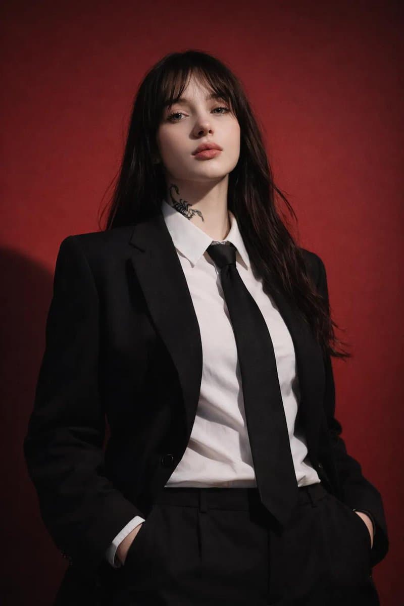 Studio fashion portrait of a woman wearing a structured black suit, white shirt, and black tie in front of a matte {argument name="backdrop color" default="red"} background. Hands in pockets, relaxed posture, direct gaze. Make the subject look polished, camera-ready, and sharply stylish. A single direct flash to the left of the camera creates crisp shadows and strong contrast. Clean commercial fashion style with crisp details. 85mm portrait lens.