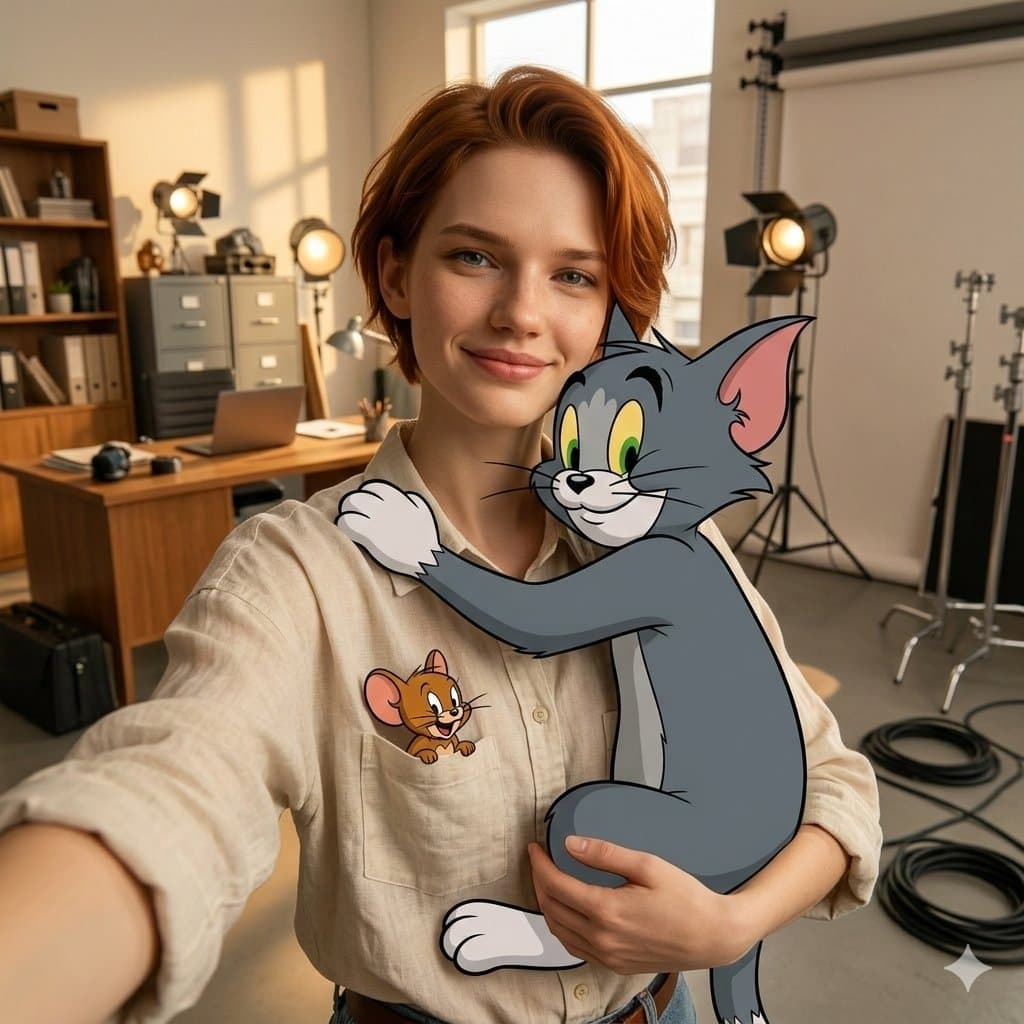 A realistic first-person (Pov) selfie taken with an external arm, wearing the same clothes as in the uploaded photo. Keep the facial features consistent with the uploaded image while making the subject naturally photogenic, relaxed, and attractive on camera.
A close-up of me holding Tom, the cartoon gray cat from Tom and Jerry, with a hint of a smile (Jerry can peek out of my shoulder or pocket).
Realistic environments: studio sets, office interiors, warm lights, props, spotlights and cables in the background.
Tom is a highly stylized cartoon 3D figure: cel coloring, multiple scales, sharp outlines, no realistic hair, not a real person.
Organic: Zoom to chest, hugging contacts, single light source, natural shadows. 4k. Natural shade. 4k. The final image should feel sharp, likable, and polished like a high-quality social-media selfie.