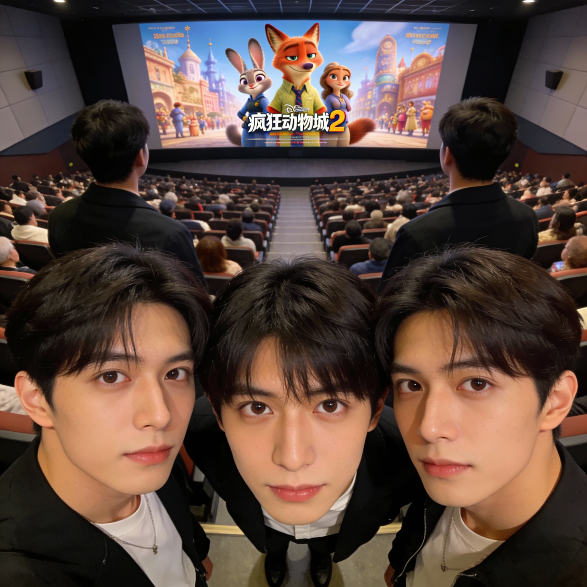 Strictly preserve the real facial features and identity consistency of all three people without changing their facial structure. Merge the people from Figures 1, 2, and 3 into a single three-person overhead selfie with a tight composition. The three subjects should be very close together, heads slightly raised, eyes looking directly into the camera, creating strong visual impact. The person from Figure 1 stands slightly forward in the center, with facial similarity maintained and the body angled slightly inward. Use a high-angle overhead selfie perspective so the head proportions are slightly exaggerated, matching a typical Japanese and Korean selfie aesthetic. Keep the frame simple and clean to emphasize the subjects. While preserving their real facial features, make all three people look more photogenic, lively, and naturally attractive on camera. The result should feel like a polished, fashionable, high-definition group selfie shot with an iPhone front camera. Blend the characters seamlessly into the image, keep transitions natural, maintain bright and even lighting, and place them inside a huge cinema full of spectators, with the subjects facing away from the screen and the screen filled with an exquisite poster for "{argument name="movie poster title" default="Zootopia 2"}".