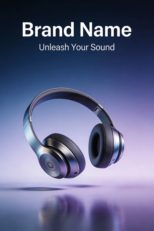 A stylish and simple poster advertising a new high-tech wireless headset. The poster shows stunning high-resolution 3D renderings of the headset, which appears to be floating in a weightless environment. The background is a simple and clean gradient color. The only text is the brand name and product slogan: "Unleash Your Sound." The design is modern, sophisticated and entirely focused on the beauty of the product.