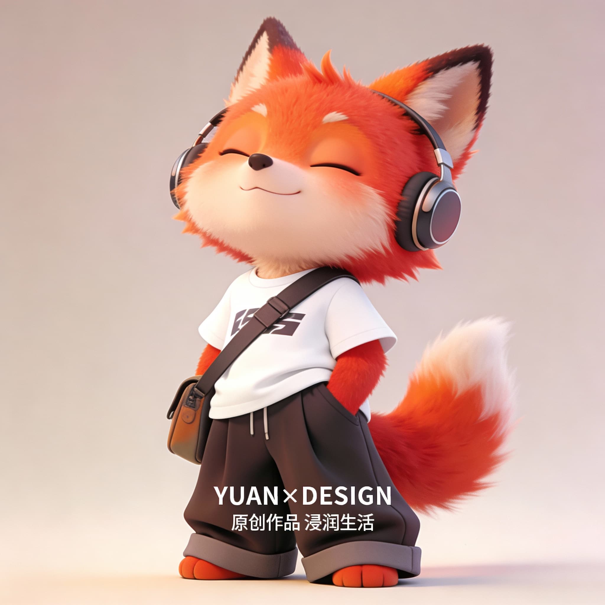 IP image design: Q version, a fluffy red-orange fox, wearing a headset with an intoxicated expression, wearing a white trendy T-shirt, wide-leg pants, and a cross-body bag. The relaxed and comfortable atmosphere of the picture, detailed description, small sans-serif text "{argument name="brand text" default="YUAN×DESIGN"}" "{argument name="tagline" default="Original work, woven into daily life"}" in the center of the bottom of the picture, high-quality pictures