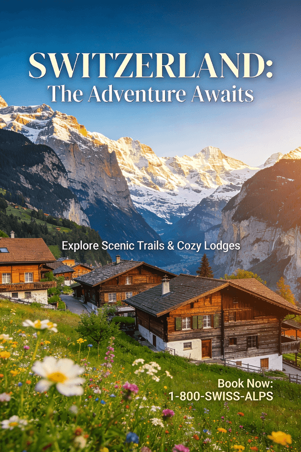 An inspiring and beautiful Swiss Alps travel poster. The image is a stunning, surreal photo showing a picturesque Alpine village with snow-capped mountains in the background. The text "SWITZERLAND: The Adventure Awaits" is in an elegant and classic font. Posters should evoke a strong desire to travel and make the viewer want to book a trip immediately.