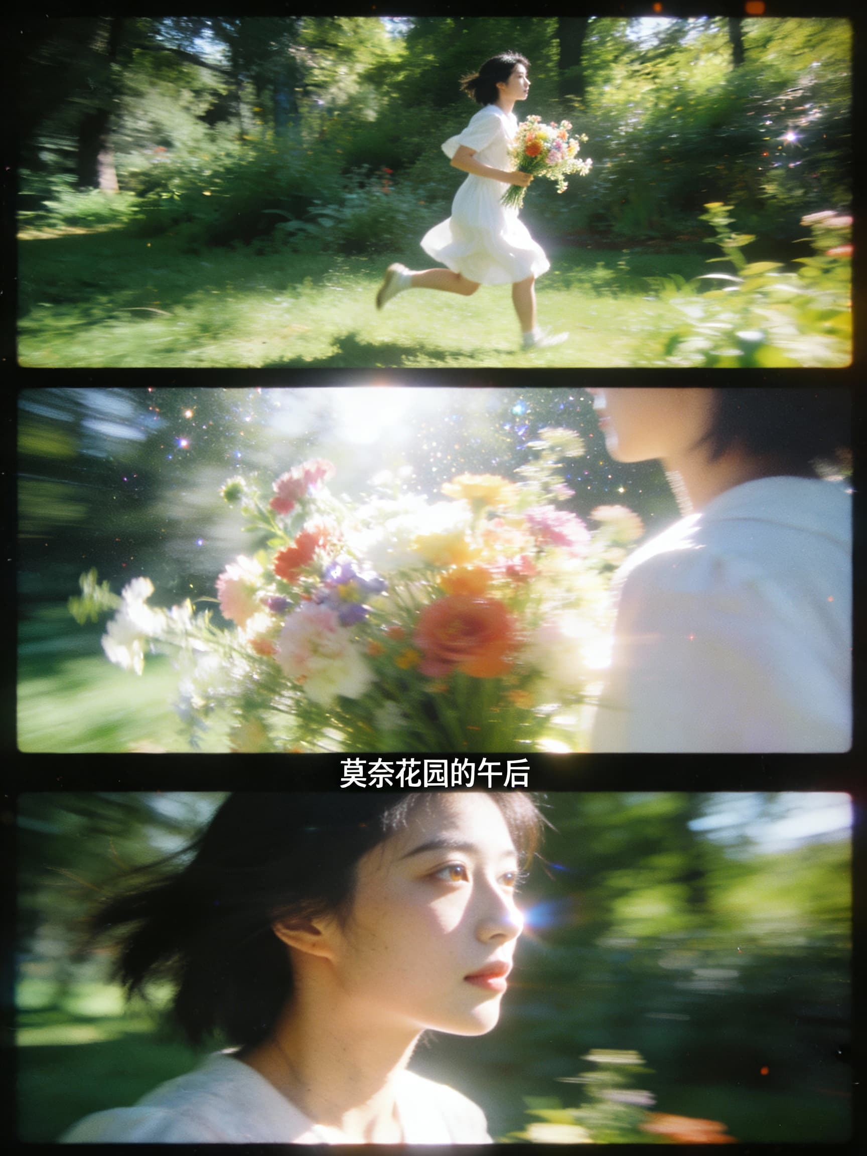 Edit the image into a three-panel artistic portrait with a film-texture aesthetic. The scene is a lush green afternoon with bright sunshine. The person must stay consistent with the reference image and wear {argument name="outfit" default="white dress"}. The first panel is a medium side shot of the character running toward {argument name="direction" default="right"} through an overexposed green Monet-style garden, holding {argument name="item" default="vivid bouquet"}. The second panel is a close-up of the bouquet with overexposure and natural motion blur. The third panel is a close-up side profile of the running character, facing right, with overexposure and motion blur, a green garden background, and catchlights in the eyes that convey melancholy and hope. Use a portrait style with strong direct flash energy: highlight-priority lighting, foreground exposure, surreal atmosphere, fine glitter-like light, dreamy film texture, dynamic blur, slow-shutter effect, positive/negative film mood, peel-apart film feel, minimalism, extreme composition, vignetting, and light leaks. Place subtitles centered at the bottom and combine all three panels into one image. Keep the subject silhouette clear, the expression readable, and the final result polished and cohesive like a high-quality fashion editorial.