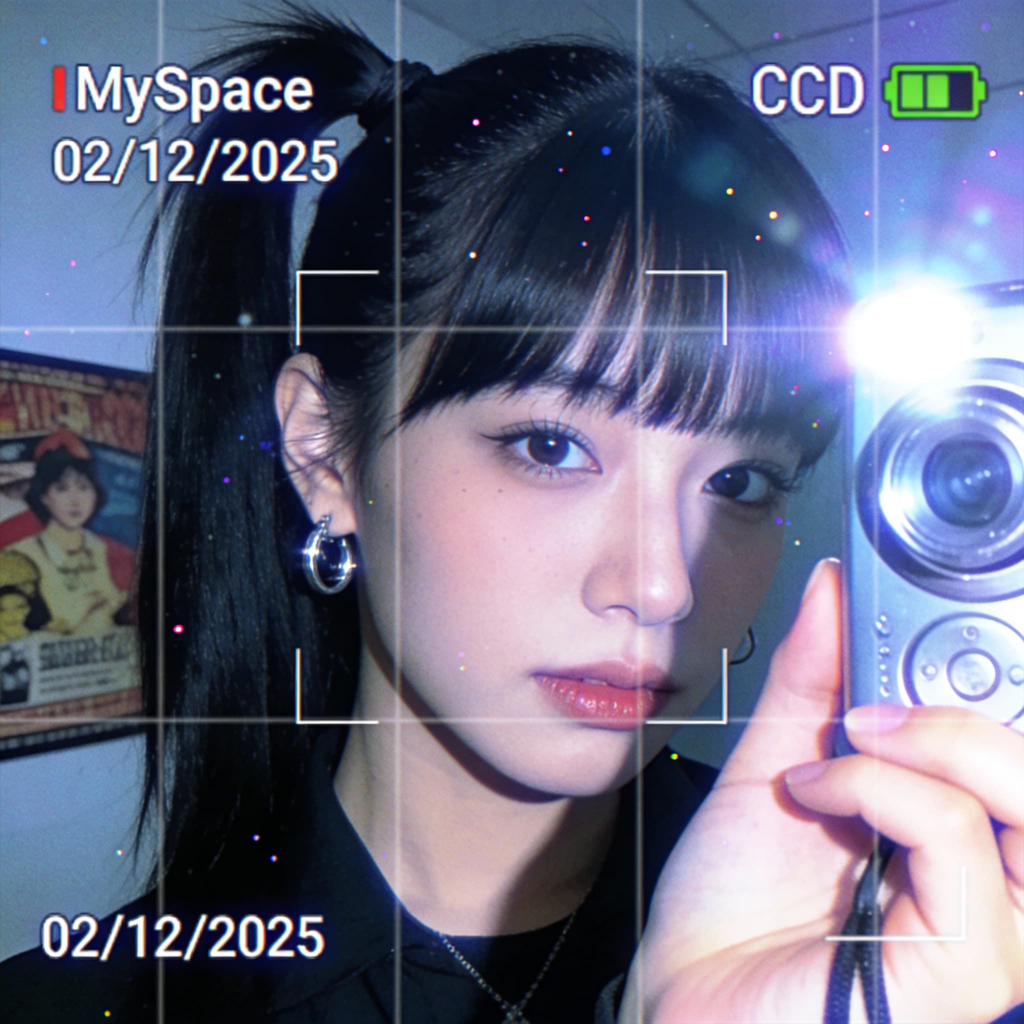 Millennium digital camera style selfie with the retro pixel texture and CCD color mood of an early-2000s 2-megapixel camera, blue-purple cool-tone filtering, overexposed highlights and hard shadows from direct front flash, and subtle CCD-style color shift and noise. Add a date watermark "{argument name="date" default="02/12/2025"}", grid-line decoration, and MySpace-era social media texture in a square 1:1 composition, while keeping the subject clear, the facial features recognizable, naturally photogenic, and the final image polished with youthful style.