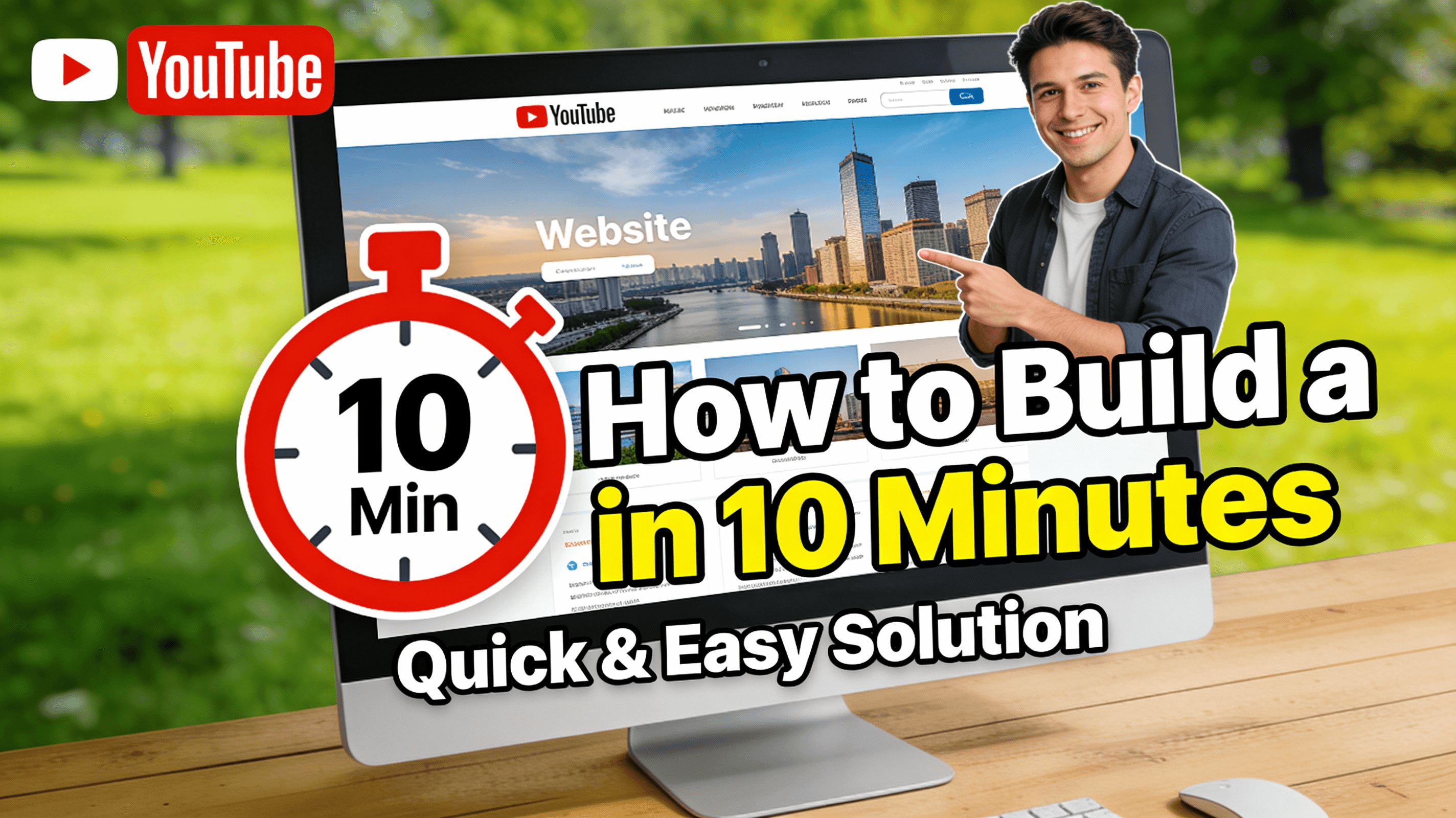 A thumbnail image of the "How to build a website in 10 minutes" tutorial. The image shows a computer screen with a beautiful, professional looking website. A giant clock icon is superimposed on the screen, reading "10 Minutes." The YouTuber is in the corner, pointing at the screen and smiling, looking confident and helpful. The writing is clear and promises a quick, easy solution.